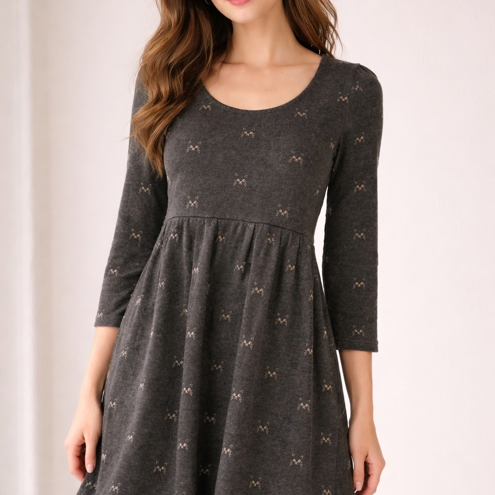 Women's Dark Charcoal Long Sleeve Scoop Cat Embroidery Dress